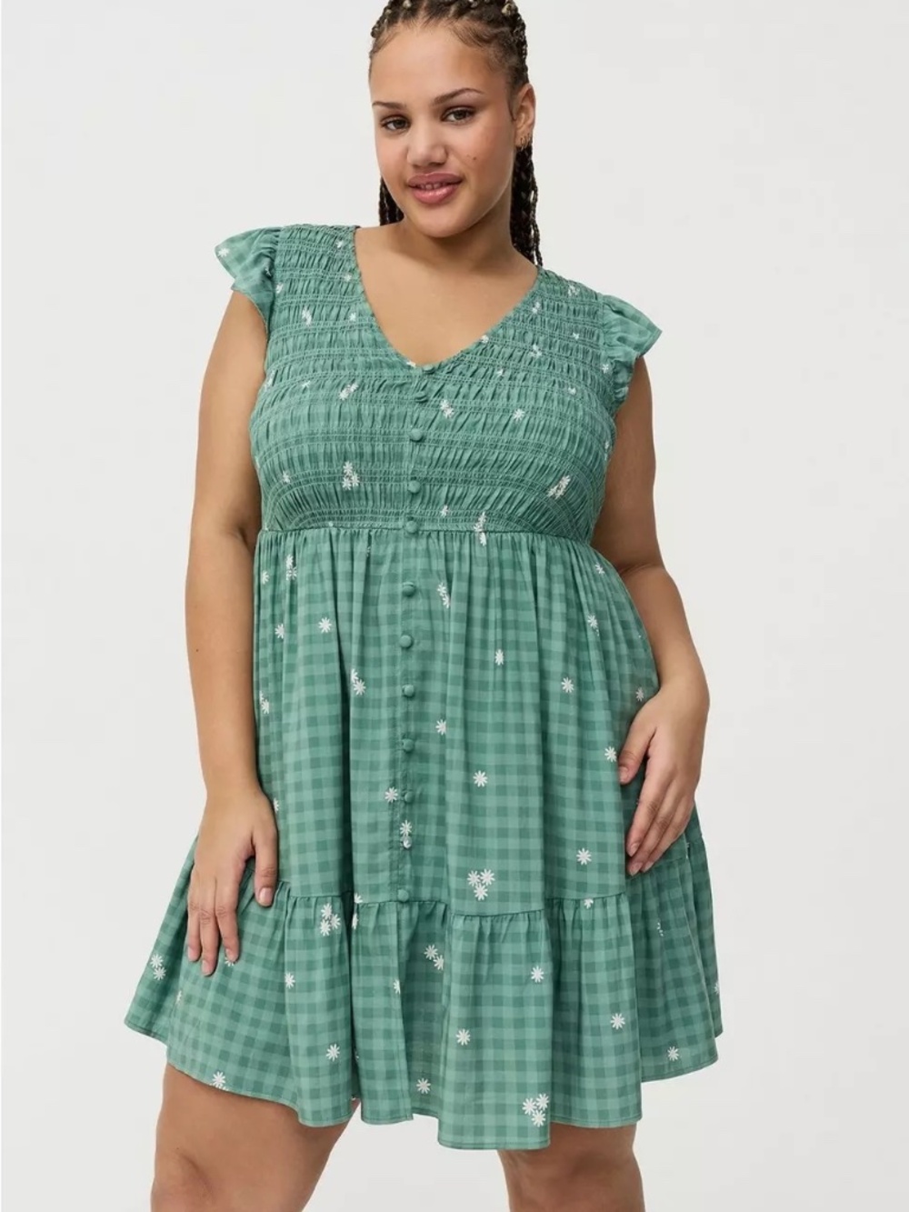 Torrid 2X Mini green dress smocked bodice daisies
